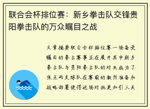 联合会杯排位赛：新乡拳击队交锋贵阳拳击队的万众瞩目之战